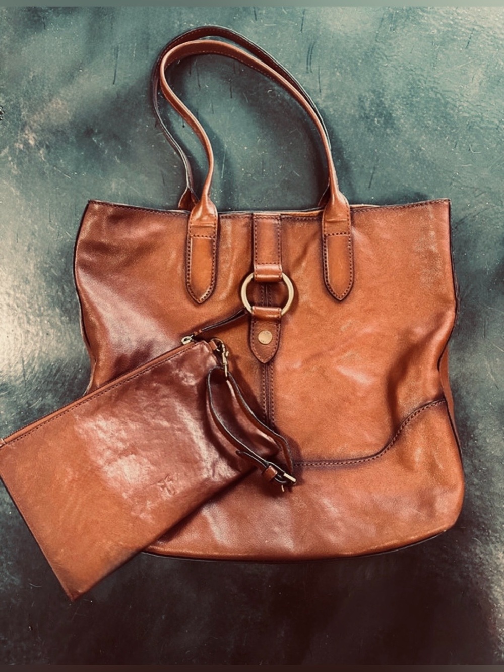 Frey Leather Ring Tote Cognac + Wristlet wallet Cognac New $590